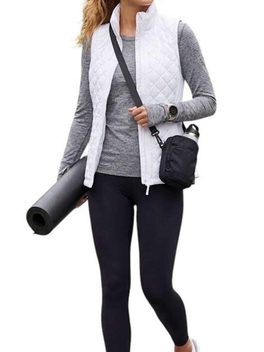 Athleta White Quilted Puffer Sleeveless Zip Vest
